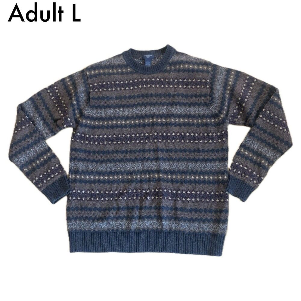 Dockers Sweater Men’s Large Tall LT 100% Cotton Crewneck Fair Isle Blue Brown